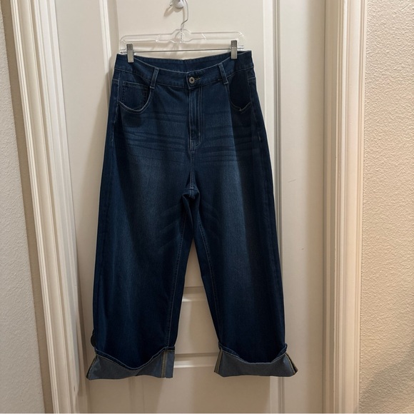 Halara Size Large Flex High Waist StretchWide Leg Cuff Denim Jeans Large Petite - Picture 2 of 4